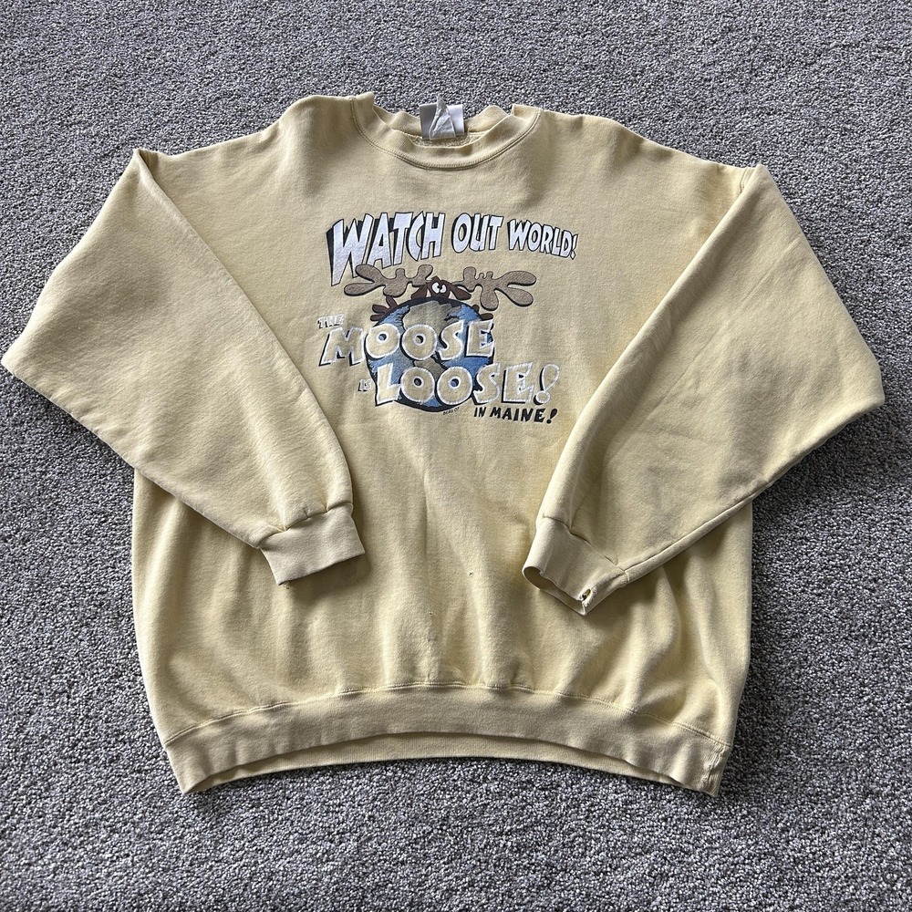 Vintage Hanes Sweatshirt Mens XL Yellow Fleece Moose Is Loose Maine Graphic